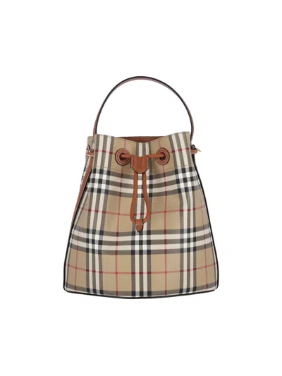 Burberry Checked Drawstring Bucket Bag In Neutral