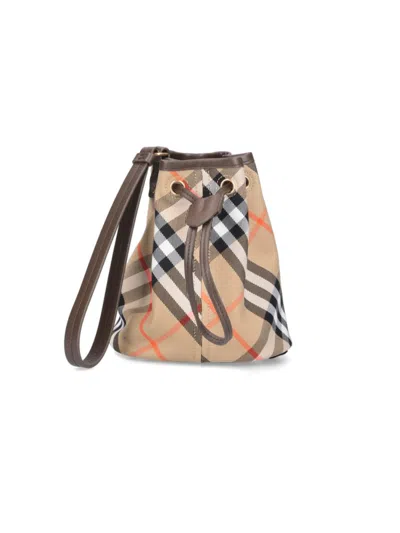 Burberry Check Pattern Drawstring Clutch Bag In Brown