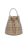 Burberry Check Pattern Canvas Bucket Bag With Top Handle And Leather Trim In Multi
