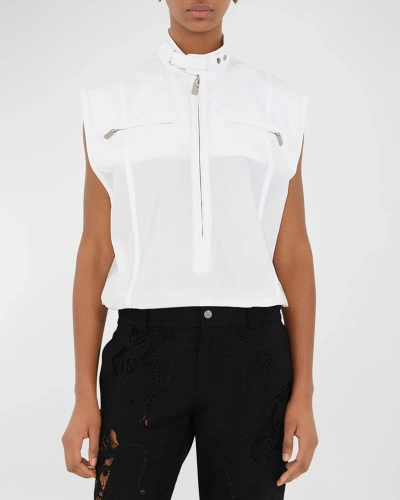 Burberry Band-collar Sleeveless Zip-front Woven Top In White