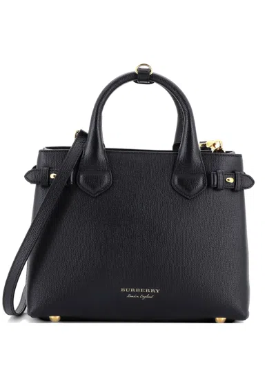 Pre-owned Burberry Banner Leather And House Check Canvas Small Tote Bag In Black