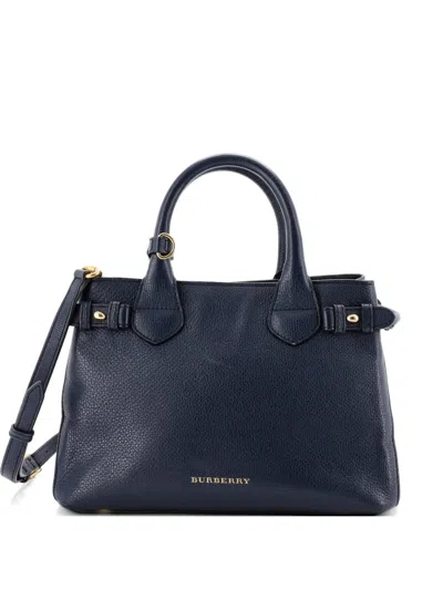 Pre-owned Burberry Banner Leather And House Check Canvas Small Tote Bag In Blue