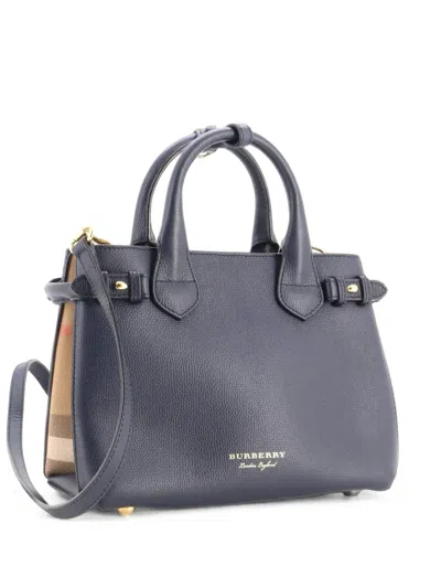 Pre-owned Burberry Banner Leather And House Check Canvas Small Tote Bag In Blue