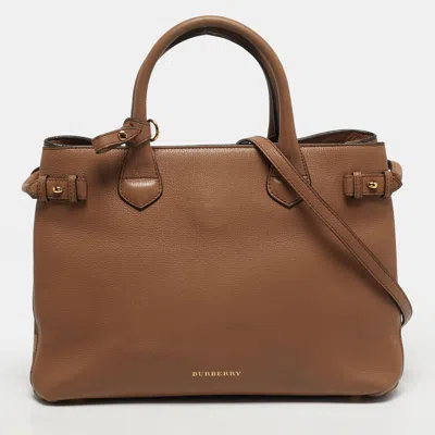 Pre-owned Burberry Banner Medium Beige House Check Canvas And Leather Tote In Sand