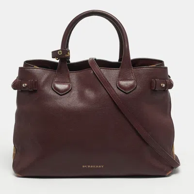 Pre-owned Burberry Banner Medium Burgundy/beige Leather And House Check Canvas Tote