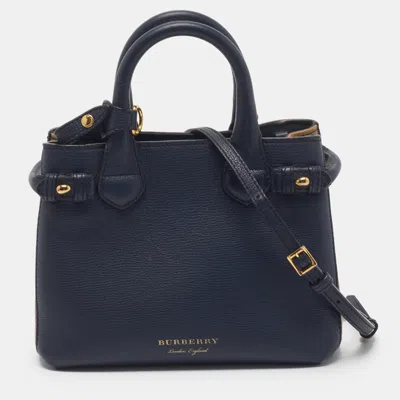 Pre-owned Burberry Banner Mini Navy Blue/beige Leather And House Check Fabric Tote