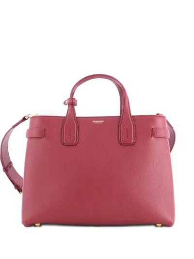 Pre-owned Burberry Banner Nm Leather With House Check Canvas Medium Tote Bag In Red