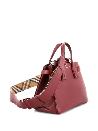 Pre-owned Burberry Banner Nm Leather With House Check Canvas Small Tote Bag In Red