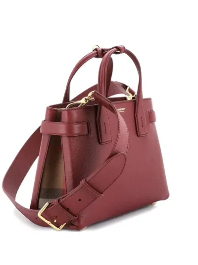 Pre-owned Burberry Banner Nm Leather With House Check Canvas Small Tote Bag In Red