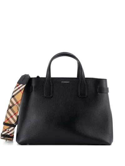 Pre-owned Burberry Banner Nm Leather With Vintage Check Canvas Medium Tote Bag In Black