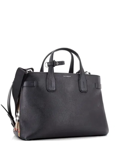 Pre-owned Burberry Banner Nm Leather With Vintage Check Canvas Medium Tote Bag In Black