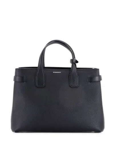Pre-owned Burberry Banner Nm Leather With Vintage Check Canvas Medium Tote Bag In Black