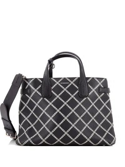 Pre-owned Burberry Banner Nm Printed Leather Medium Tote Bag In Black