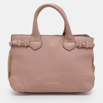 Pre-owned Burberry Banner Small Pink/beige Leather And House Check Canvas Tote