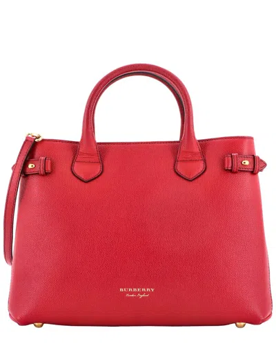 Burberry Banner Tote Leather And House Check Canvas Medium (authentic Pre-  Loved) In Red