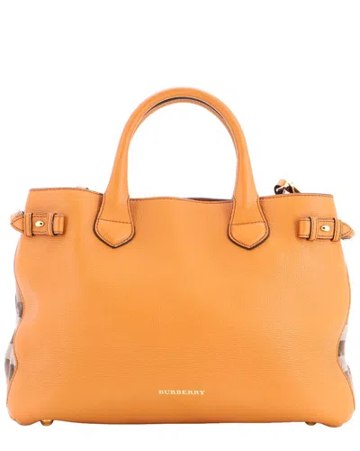 Burberry Banner Tote Leather And House Check Canvas Medium (authentic Pre-  Loved) In Orange