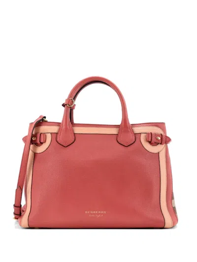 Pre-owned Burberry Banner Tote Leather And House Check Canvas Medium Satchel In Pink
