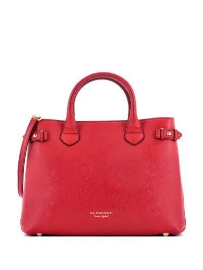 Pre-owned Burberry Banner Tote Leather And House Check Canvas Medium Satchel In Red