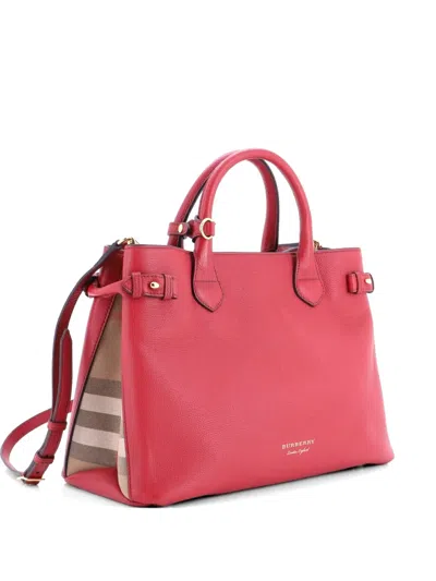 Pre-owned Burberry Banner Tote Leather And House Check Canvas Medium Satchel In Red
