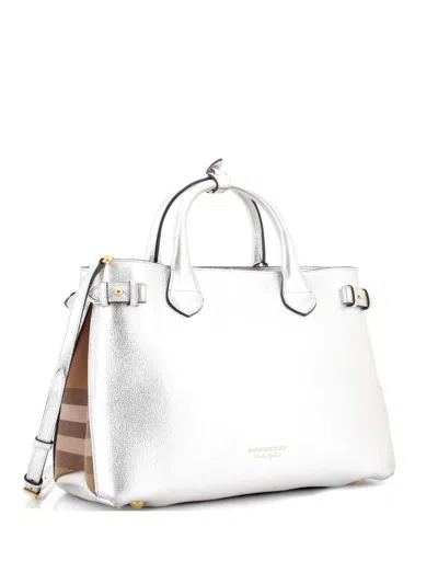 Pre-owned Burberry Banner Tote Leather And House Check Canvas Medium Satchel In Silver