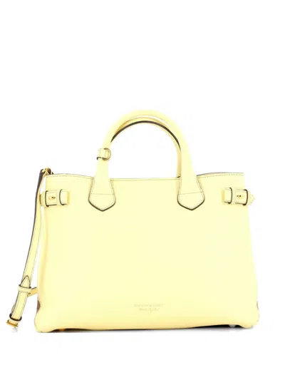 Pre-owned Burberry Banner Tote Leather And House Check Canvas Medium Satchel In Yellow