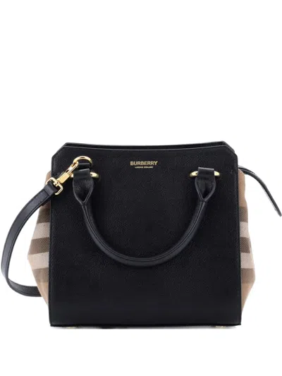 Pre-owned Burberry Banwell Leather And House Check Canvas Mini Tote Bag In Black