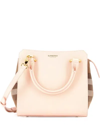 Pre-owned Burberry Banwell Leather And House Check Canvas Mini Tote Bag In Brown