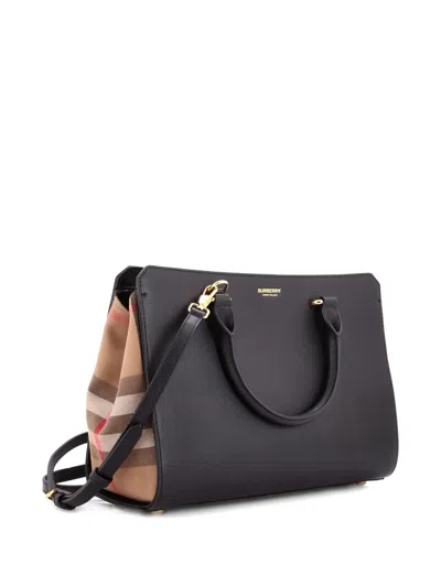 Pre-owned Burberry Banwell Leather And House Check Canvas Small Tote Bag In Black