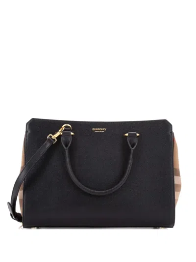 Pre-owned Burberry Banwell Leather And House Check Canvas Small Tote Bag In Black
