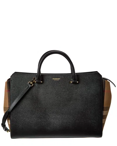 Burberry Banwell Medium Leather & Check Canvas Satchel In Black