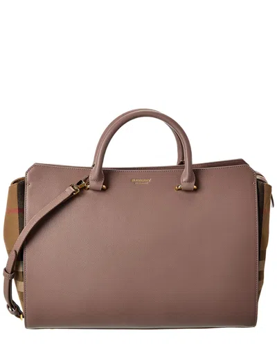 Burberry Banwell Medium Leather & Check Canvas Satchel In Gray