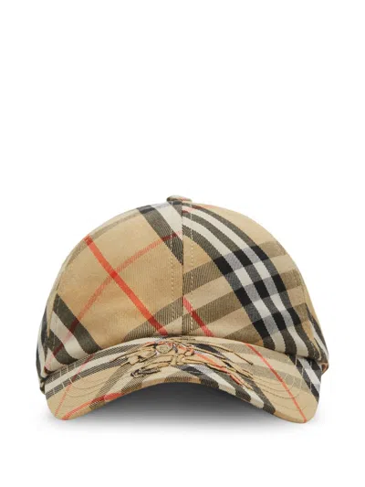 Burberry Baseball Cap With All-over Check Motif And Ekd Embroidery On Front In Fabric For Men In Brown