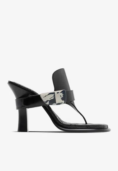 Burberry Black Leather Bay Heeled Sandals In Blue