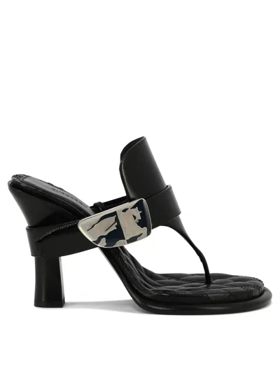Burberry Black Leather Bay Heeled Sandals In Blue