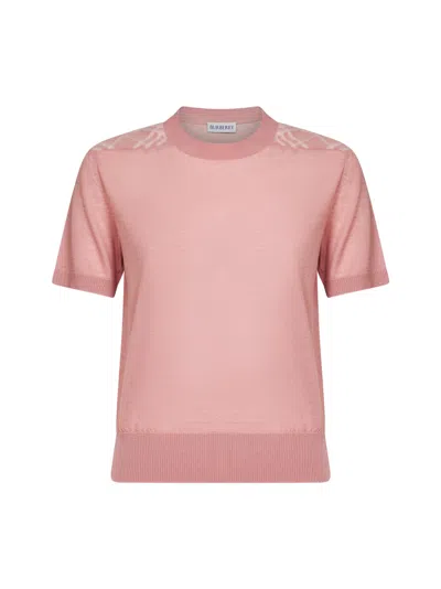 Burberry Begonia Pink Wool And Silk Knit Sweater With Check Panels