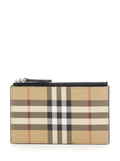 Burberry Beige And Black Card-holder With  Vintage Check Print In Canvas Man