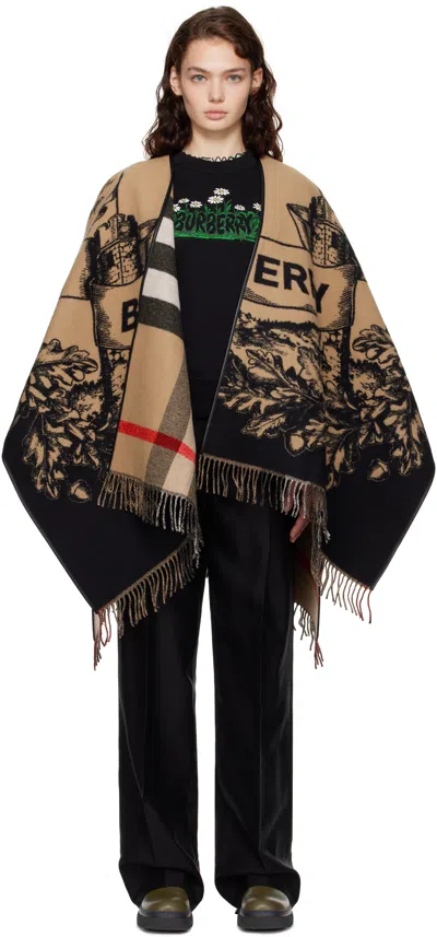Burberry Beige & Black Ekd Check Wool Reversible Cape In Multi