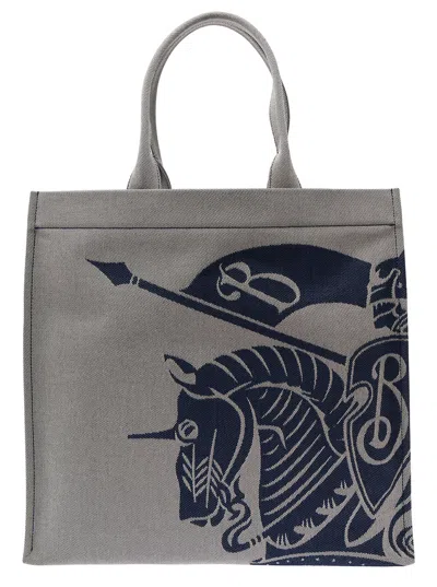 Burberry Beige And Blue Tote Bag With Equestrian Knight Embroidery In Cotton Blend Man In Grey
