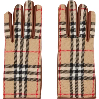 BURBERRY BEIGE & BROWN CHECK WOOL GLOVES