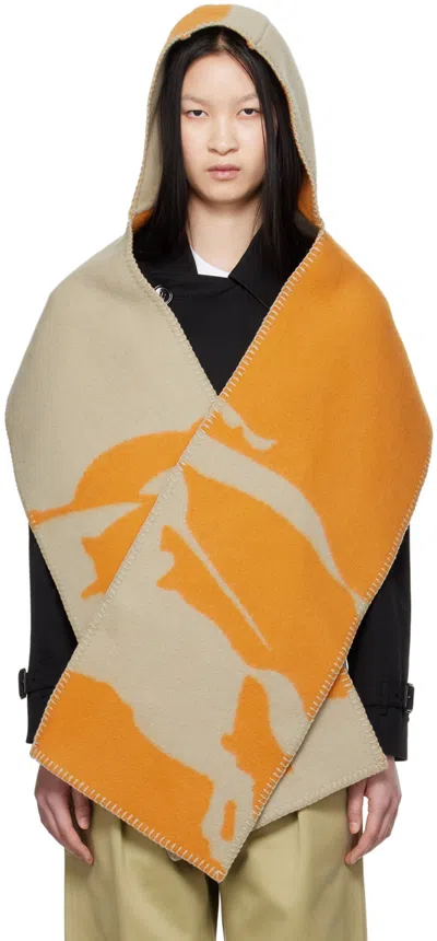 Burberry Beige & Orange Ekd Wool Hooded Scarf In Neutral