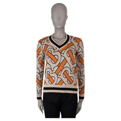 Pre-owned Burberry Beige & Orange Wool 2022 Tb Monogram Intarsia Cricket Sweater Sp