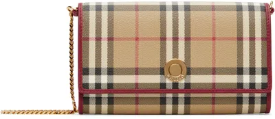 Burberry Beige & Red Check Chain Strap Wallet Bag
