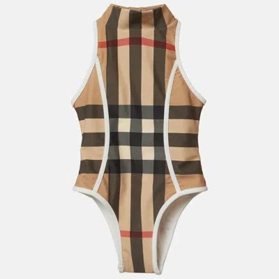 Pre-owned Burberry Beige Archive Check Print Nylon One-piece Swimsuit 3yrs In Sand