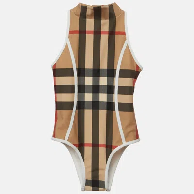 Pre-owned Burberry Beige Archive Check Print Nylon One-piece Swimsuit 6yrs In Sand