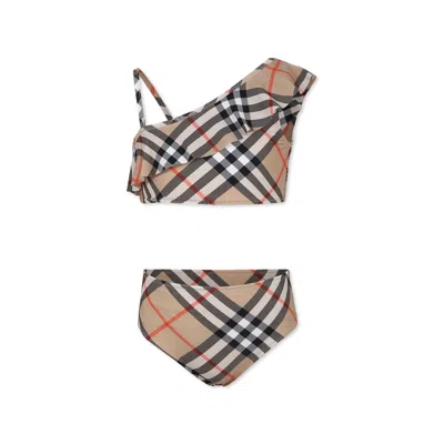 Burberry Kids' Beige Bikini For Girl With All-over Vintage Check
