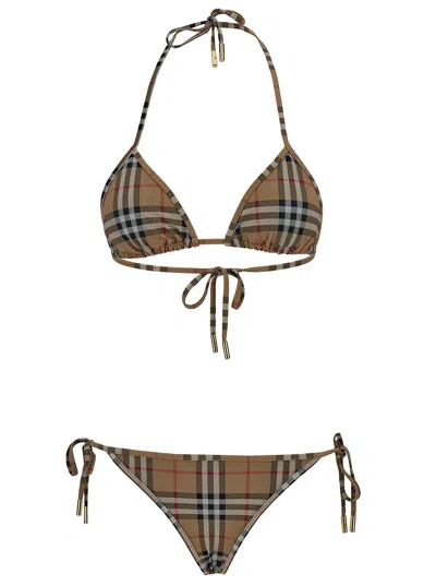 Burberry Beige Bikini With Vintage Check Motif In Stretch Nylon Woman