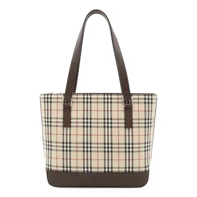Pre-owned Burberry Beige Black Bordeaux Canvas Leather Shoulder Bag Tote Bag ()