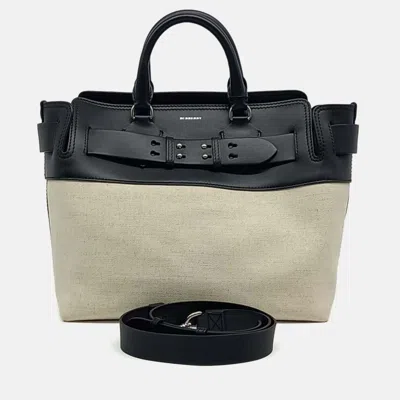 Pre-owned Burberry Beige Black Canvas And Leather Canvas Belt Bag Medium In Sand