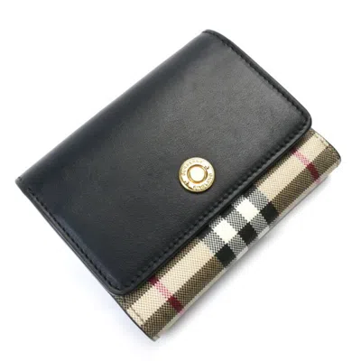 Pre-owned Burberry Beige Black Cotton Leather Elastane Wallet (tri-fold) () In Beige, Black