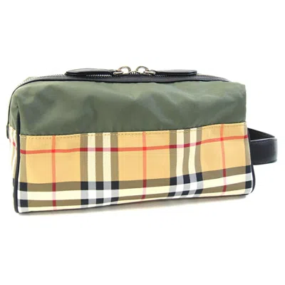 Pre-owned Burberry Beige Black Green Khaki Nylon Canvas Leather Clutch Bag ()